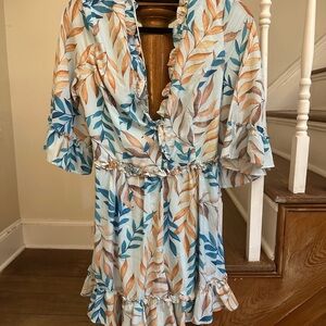 Floral Ruffle 3/4 Sleeve Shorts Romper - Blue and Orange